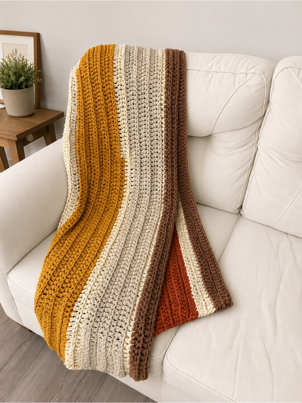 Handmade Striped Crochet Blanket Boho Retro Terracotta Tan Autumn Warm Tones